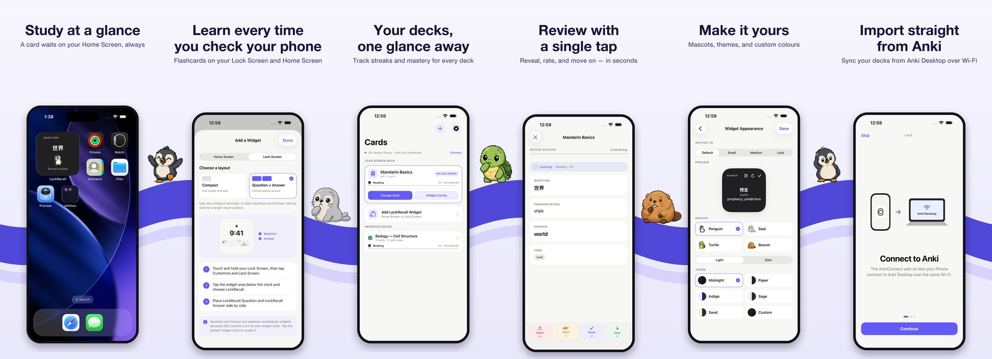 Six screens of LockRecall: a card on the Lock Screen, adding the
                widget, the deck list, reviewing a card, choosing a mascot and
                theme, and importing from Anki.